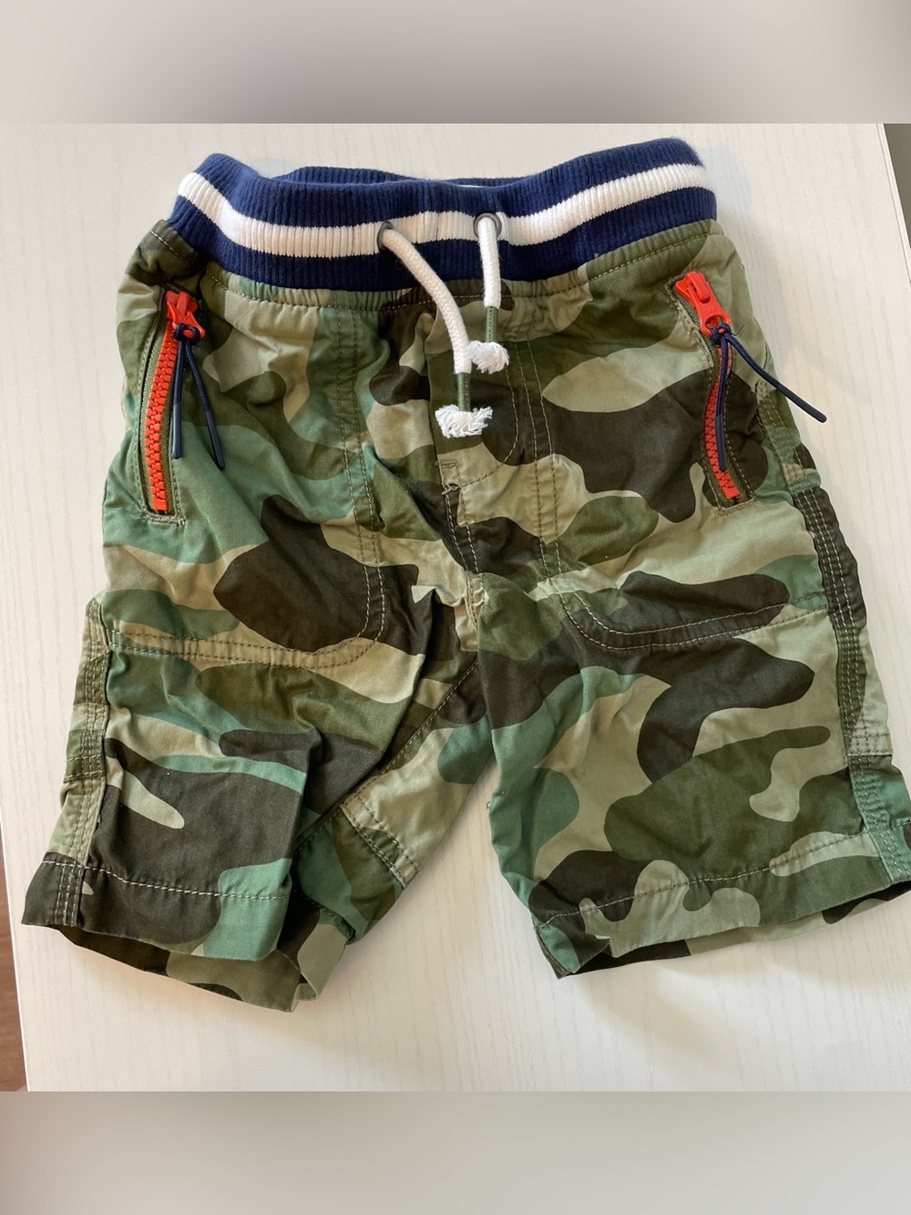 Mini Boden Boys Camo Drawstring Shorts with Navy Waistband